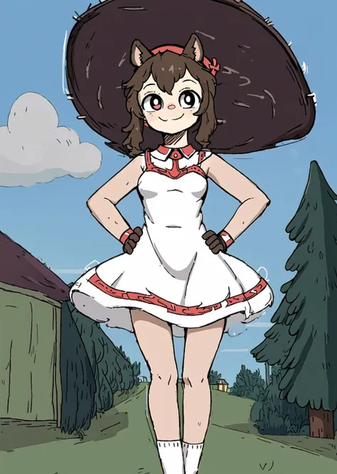 <lora:Hedgehog_SummerCampIsland:1>, brown hair, 1girl, 1 girl, solo, very large hat, transparent summer dress, tiny animal ears, happy,
large pupils, detailed eyes, brown pupils, small smile, breasts,
full body,