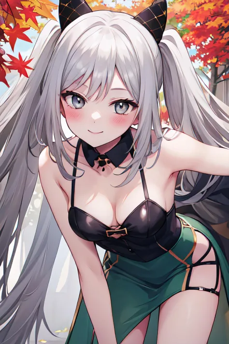 (((masterpiece))),highres,absurdres,(((best quality))),official art,1girl,leaning forward,looking at viewer,autumn leaves,road,alsmky,twintails,very long hair,grey eyes,medium breasts,green dress,cleavage,<lora:Smokey-07:0.8>,blush,light smile,
