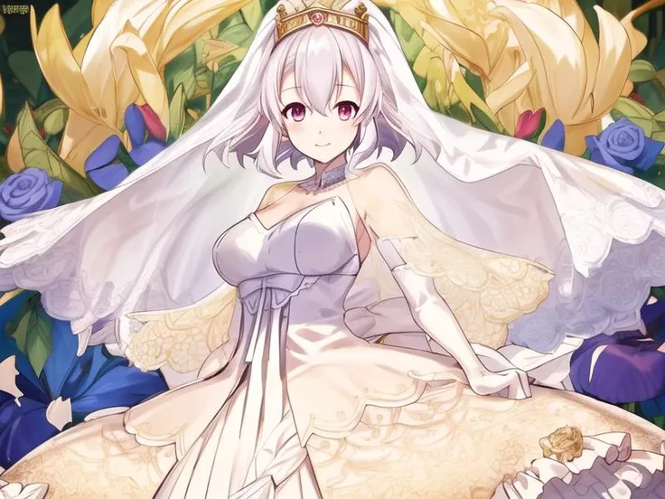 1girl,Wedding_Chateau,white dress, tiara, veil,short hair, cape,elbow gloves,white stocking,garter straps, frilled dress, wedding, long skirt, frilled skirt, <lora:Wedding_Chateau_v1:0.9>, <lora:flatBG:-0.5> ,<lora:flat2:-0.5>,(dark light:1.2),(hyper extreme detailed),(masterpeace:0.5),(hyper extreme),(photorealistic),game cg,llustration,novel illustration,beautiful lighting,light from the front,good_hands,beautiful art ,BREAK, <lyco:GoodHands-beta2:1.2>,(good hand,nice hands, perfect hands:1.3),(five finger:1.4),straight fingers,perfect fingers,beauty fingers,beauty hand,