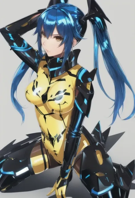 high quality, extremely detailed, perfect face,  <lora:QunaZelsius:.8>, Quna, two-tone blue hair, twintails, ((yellow latex zelsius bodysuit)), black armor, ((extremely glossy)), ((arm blades))