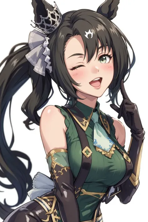 satono crown \(umamusume\), smile,large breasts,open mouth,blush,one eye closed,hand up , v, v_sing,upper body,ear ornament, black gloves, elbow gloves, collared shirt, suspenders, bare shoulders, yellow ascot, green shirt, sleeveless shirt, black shorts, highhighs, thigh boots, black footwear <lora:satono_crown_loha:0.8> masterpiece, high quality, alternate costume,ultra-detailed,clear skin, (masterpiece, best quality, ultra detailed, detailed background, complex background), (perfect face, detailed face), perfect anatomy,{highres}