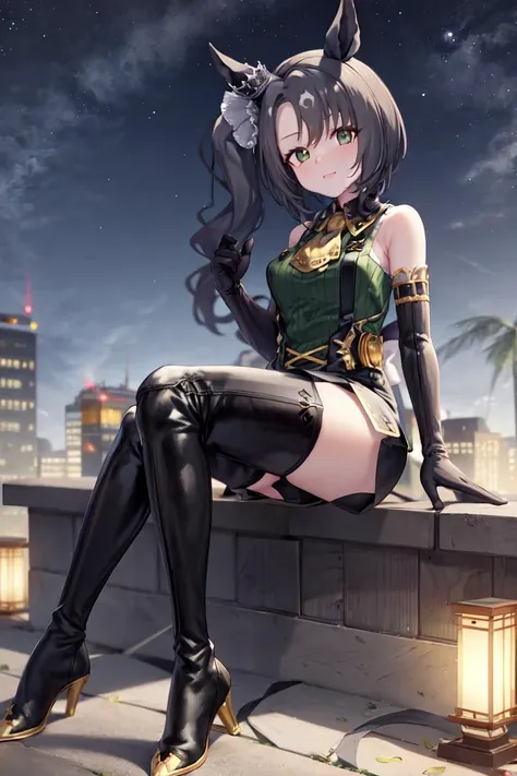 masterpiece, best quality, 
satono crown \(umamusume\),
cityscape, night sky, ocean, 
full body, sitting, looking at viewer,
ear ornament, black gloves, elbow gloves, collared shirt, suspenders, bare shoulders, yellow ascot, green shirt, sleeveless shirt, black shorts, highhighs, thigh boots, black footwear
<lyco:satono_crown_loha:0.7>