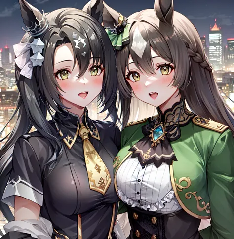 masterpiece, best quality, best aesthetic, ultra-detailed, 2girls, multiple girls,
AND <lora:satono_crown_loha:0.7>, 2girls, satono crown \(umamusume\), cityscape, night sky, cityscape, looking at viewer, ear ornament, black gloves, elbow gloves, collared shirt, suspenders, bare shoulders, yellow ascot, green shirt, sleeveless shirt, black shorts, highhighs, thigh boots, black footwear, crossed legs
AND <lora:satono_diamond_lora:0.8>, 2girls, sakura bakushin o \(umamusume\), satono diamond \(umamusume\), cityscape, night sky, cityscape, looking at viewer, looking at viewer, sleeves past wrists, sleeves past fingers, frilled sleeves, frills, long sleeves, corset, green dress, ascot, green jacket, green skirt, black thighhighs, boots, white footwear