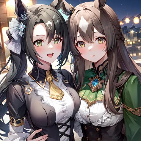 masterpiece, best quality, best aesthetic, ultra-detailed, 2girls, multiple girls
AND <lora:satono_crown_loha:0.8>, 2girls, satono crown \(umamusume\), cityscape, night sky, cityscape, looking at viewer, ear ornament, black gloves, elbow gloves, collared shirt, suspenders, bare shoulders, yellow ascot, green shirt, sleeveless shirt, black shorts, highhighs, thigh boots, black footwear, crossed legs, smile, open mouth
AND <lora:satono_diamond_lora:0.8>, 2girls, sakura bakushin o \(umamusume\), satono diamond \(umamusume\), cityscape, night sky, cityscape, looking at viewer, looking at viewer, sleeves past wrists, sleeves past fingers, frilled sleeves, frills, long sleeves, corset, green dress, ascot, green jacket, green skirt, black thighhighs, boots, white footwear, expressionless, closed mouth