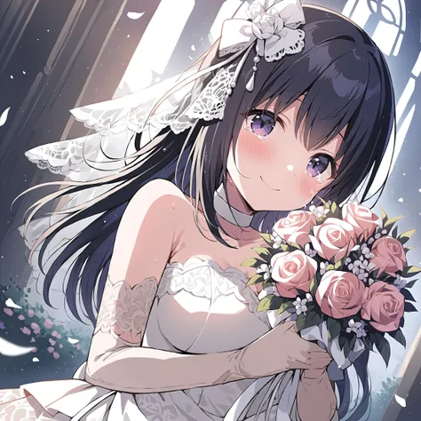 masterpiece,nagasemana,1girl,solo,looking at viewer,blush,smile,closed mouth,nagasemana wedding dress,nagasemana hair ornament,nagasemana lace gloves,nagasemanaw choker,<lora:NagaseMana :0.82>,church,blush,cinematic_angle,holding bouquet,happy tears,