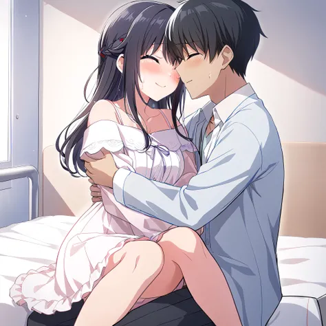 masterpiece, 1girl hug a 1boy,hospital,
1girl,nagasemana,(nagasemana off-shoulder dress),blush,smile,cry,hug,face to face,
1boy,koheimakino, closed mouth,shy, sit on bed,hospital gown,