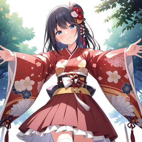 masterpiece,nfsw,outdoor,

nagasemana, 1girl, solo, smile, mana hair ornament, mana kimono, looking at viewer, white socks, nagase tabi, outstretched arms, head tilt, blush, closed mouth,