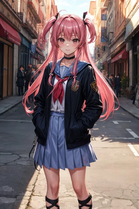masterpiece,best quality,highres,ultra-detailed,aayui,long hair,two side up,hair ribbon,hair ornament,choker,shinda sekai sensen uniform,serafuku,blue sailor collar,neckerchief,white shirt,long sleeves,demon tail,skirt,blue skirt,thigh strap,ankle lace-up,cross-laced footwear,<lora:yui_(angel_beats!):0.7>,black jacket, standing, cowboy shot, outdoors. hands in pockets, street,