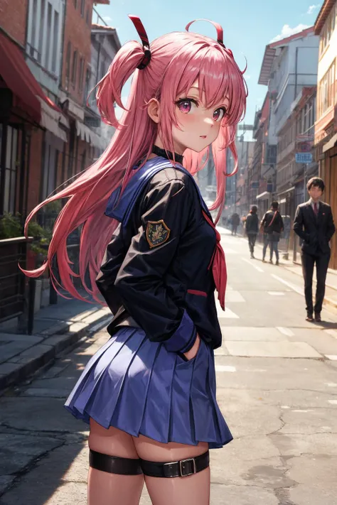 masterpiece,best quality,highres,ultra-detailed,aayui,long hair,two side up,hair ribbon,hair ornament,choker,shinda sekai sensen uniform,serafuku,blue sailor collar,neckerchief,white shirt,long sleeves,demon tail,skirt,blue skirt,thigh strap,ankle lace-up,cross-laced footwear,<lora:yui_(angel_beats!):0.7>,black jacket, standing, cowboy shot, outdoors. hands in pockets, street,