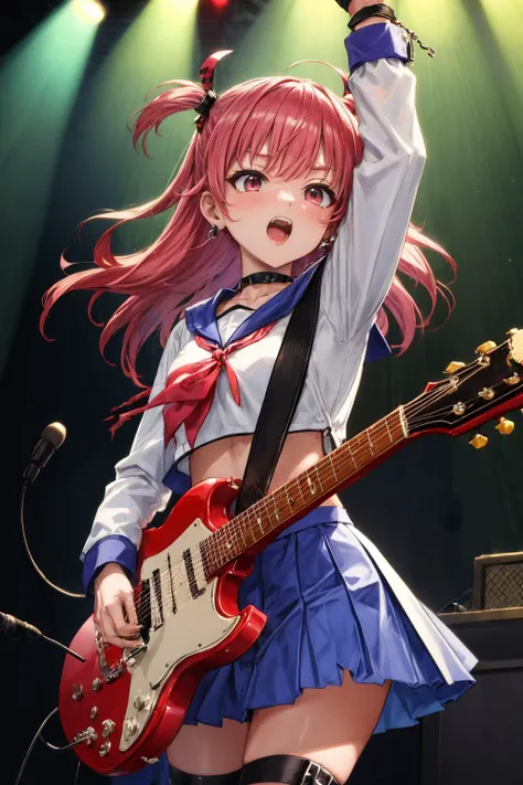 masterpiece,best quality,highres,ultra-detailed,aayui,long hair,two side up,hair ribbon,hair ornament,choker,shinda sekai sensen uniform,serafuku,blue sailor collar,neckerchief,white shirt,long sleeves,demon tail,skirt,blue skirt,thigh strap,ankle lace-up,cross-laced footwear,<lora:yui_(angel_beats!):0.7>, black eyeliner, black lipstick, ear piercings, punk, heavy metal t-shirt, long sleeves, metal chains, spiked collar, pleated skirt, torn thighhighs, cowboy shot, (bright sunny day, on stage, ((electric guitar)), ((holding electric guitar)), rocking out, cheering, shouting, arm up),