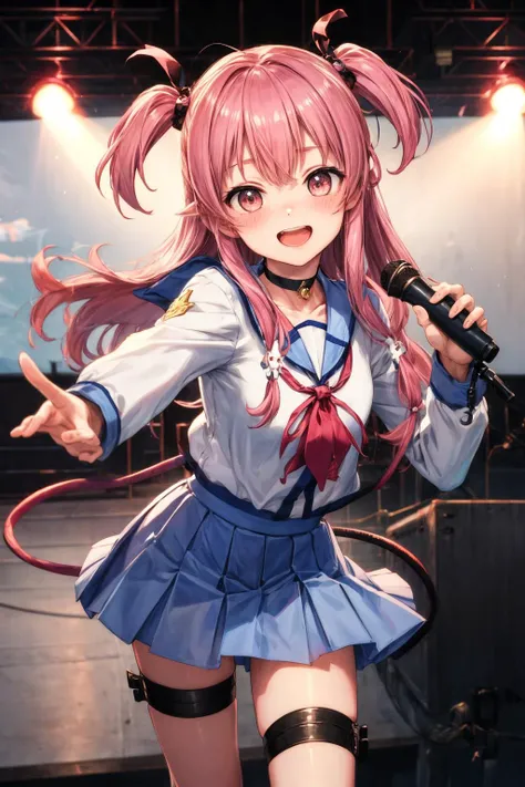 masterpiece,best quality,highres,ultra-detailed,aayui,long hair,two side up,hair ribbon,hair ornament,choker,shinda sekai sensen uniform,serafuku,blue sailor collar,neckerchief,white shirt,long sleeves,demon tail,skirt,blue skirt,thigh strap,ankle lace-up,cross-laced footwear,<lora:yui_(angel_beats!):0.7>,standing, holding microphone, stage, smile, open mouth, pov close portrait, wink, one finger pointing to the viewer