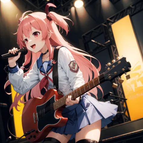 masterpiece,best quality,highres,ultra-detailed,aayui,long hair,two side up,hair ribbon,hair ornament,choker,shinda sekai sensen uniform,serafuku,blue sailor collar,neckerchief,white shirt,long sleeves,chain,demon tail,skirt,blue skirt,thigh strap,ankle lace-up,cross-laced footwear,<lora:yui_(angel_beats!):0.7>,guitar,holding instrument,:d,standing,playing instrument,cowboy shot,stage, stage lights,