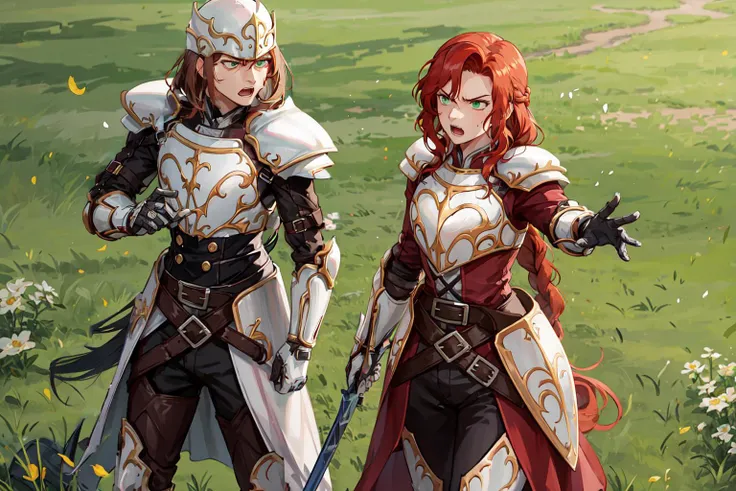 1boy, 1girl, <lora:titania-nvwls-v1-final>, titania, braided ponytail, armor, red dress, belt, gauntlets, gloves, armored boots, indoors, outdoors, dirt grass field, standing, stretched arm, serious, angry, open mouth, ordering, commanding, 1boy, soldier, helmet, knight, green armor, training