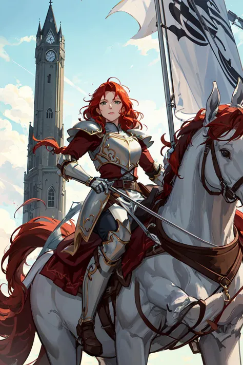 <lora:titania-nvwls-v1-final:.8>, titania, 1horse, white horse, (riding a horse:1.2), braided ponytail, armor, red dress, belt, gauntlets, gloves, armored boots, from below, backlit, silhouette, lens flare, looking down at viewer, fortress, tower, stone fortress, banners, medieval, spear, holding, holding spear, lance, holding weapon