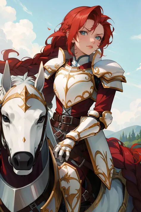 masterpiece, best quality, titania, braided ponytail, armor, red dress, belt, gauntlets, gloves, armored boots, riding a horse, looking at viewer, furrowed brow, sky, clouds <lora:titania-nvwls-v1-000010:0.9>