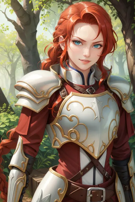 masterpiece, best quality, titania, braided ponytail, armor, red dress, belt, gauntlets, gloves, armored boots, upper body, furrowed brow, smile, forest, village, looking at viewer <lora:titania-nvwls-v1-000010:0.9>