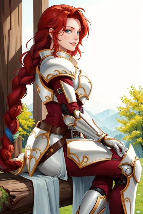 masterpiece, best quality, titania, braided ponytail, armor, red dress, belt, gauntlets, gloves, armored boots, from side, sitting, log, looking at viewer, smile <lora:titania-nvwls-v1-000010:0.9>