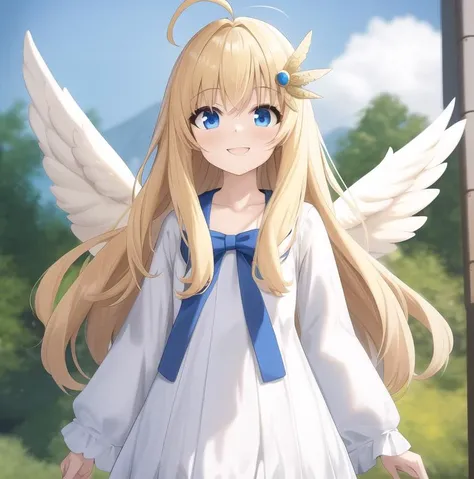 <lora:Kizuki - The Rising of the Shield Hero - Filo:0.7>, filo, blonde hair, ahoge, hair ornament, flat chest, bangs, long hair, angel wings, white dress, blue bow, best quality, masterpiece, absurdres, looking at viewer, happy,