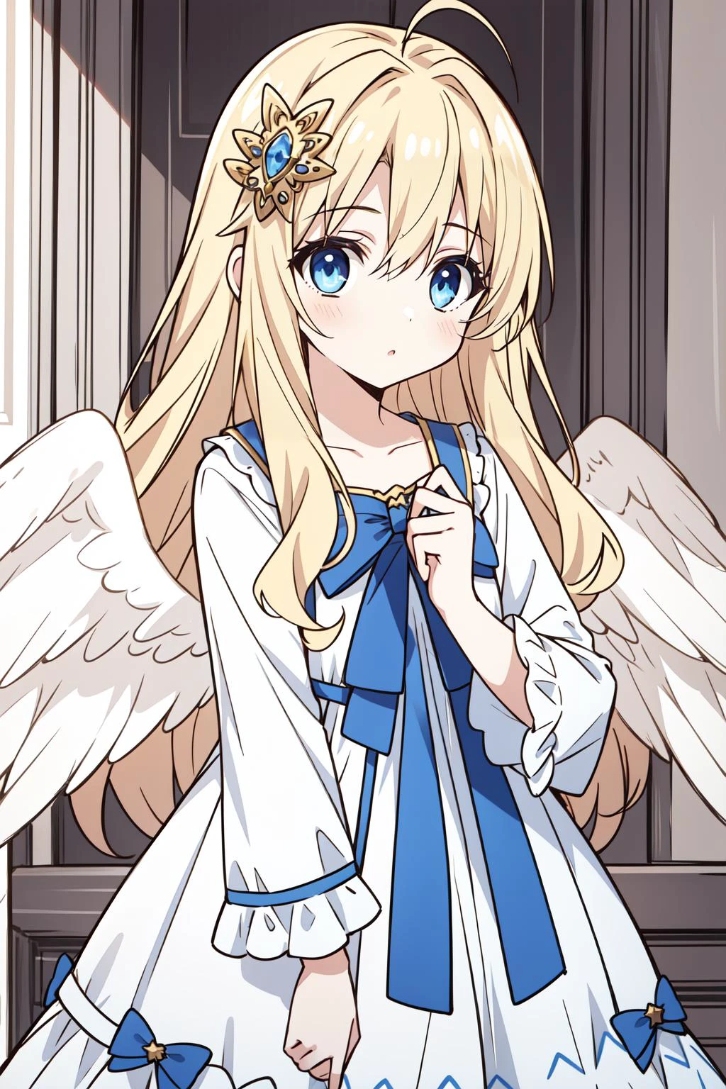 (masterpiece, best quality), intricate details,
1girl, <lora:Kizuki - The Rising of the Shield Hero - Filo:0.8> filo, blonde hair, ahoge, hair ornament, flat chest, bangs, long hair, angel wings, white dress, blue bow ,