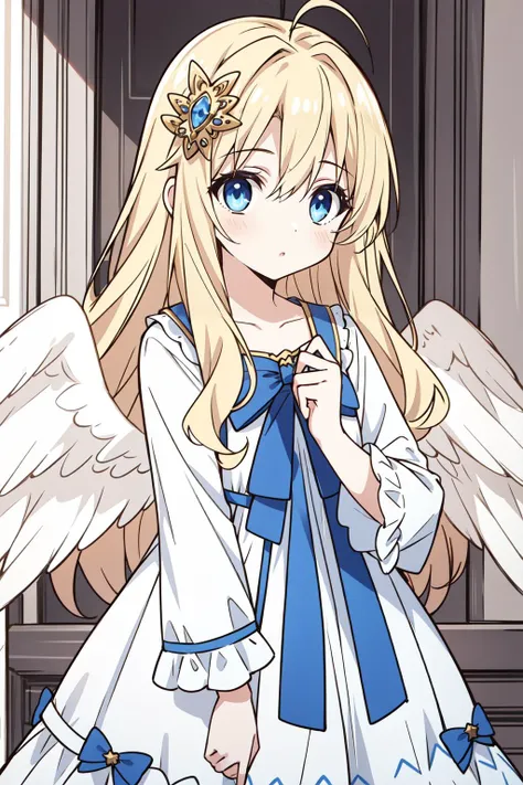 (masterpiece, best quality),  intricate details,
1girl,        <lora:Kizuki - The Rising of the Shield Hero - Filo:0.8> filo, blonde hair, ahoge, hair ornament, flat chest, bangs, long hair, angel wings, white dress, blue bow ,