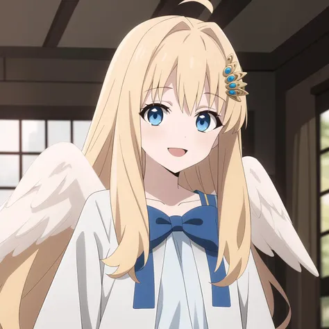 <lora:Kizuki - The Rising of the Shield Hero - Filo:1>, filo, blonde hair, hair ornament, ahoge, flat chest, bangs, long hair, angel wings, white dress, blue bow, (best quality:1.1), (masterpiece:1.4), (absurdres:1.0), looking at viewer, happy,