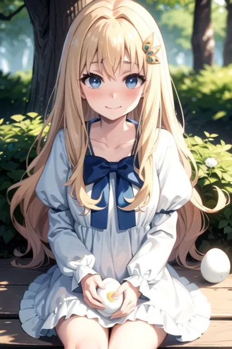 (best quality), (masterpiece), ultra-detailed, sparkling eyes,
forest background,
filo, blonde hair, blonde eyebrows, (blue eyes), angel wings, (ahoge), hair ornament, bangs, long hair, excited smile, blush, (embarrassed look),
(flat chest), ((sitting)), (((holding huge white egg))), 
((white dress)), blue bow,
 <lora:Kizuki - The Rising of the Shield Hero - Filo:0.95>