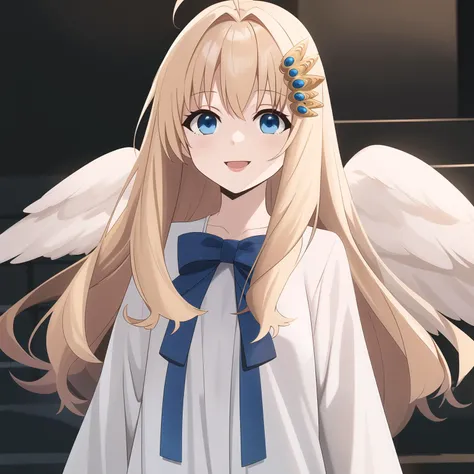 <lora:Kizuki - The Rising of the Shield Hero - Filo:1>, filo, blonde hair, hair ornament, ahoge, flat chest, bangs, long hair, angel wings, white dress, blue bow, (best quality:1.1), (masterpiece:1.4), (absurdres:1.0), looking at viewer, happy, lips
