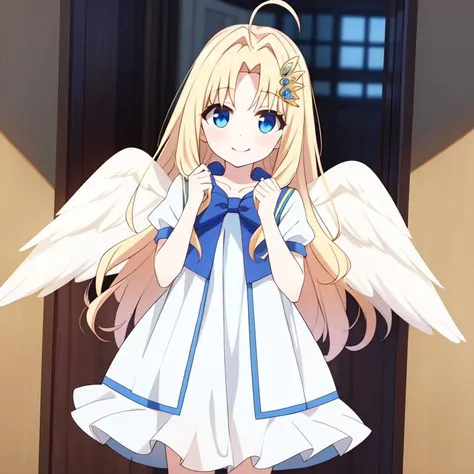 <lora:Kizuki - The Rising of the Shield Hero - Filo:1>, filo, blonde hair, hair ornament, ahoge, flat chest, bangs, long hair, angel wings, white dress, blue bow, (best quality:1.1), (masterpiece:1.4), (absurdres:1.0), looking at viewer, happy,