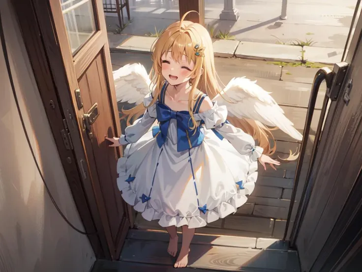 masterpiece,cg,best quality,highres,pretty and clearly image,extremely delicate and beautiful,extremely lovely and cute,divine,lyrical,touching story,<lora:Kizuki - The Rising of the Shield Hero - Filo:0.9>,1girl, solo,petite,filo, blonde hair, ahoge, hair ornament, flat chest, bangs, long hair,angel wings, white dress, blue bow ,smile brightly,open mouth,blush,full body,bare legs,barefoot, from above, looking up, half-closed eyes, dramatic,dynamic pose, face focus,sunset, shinny