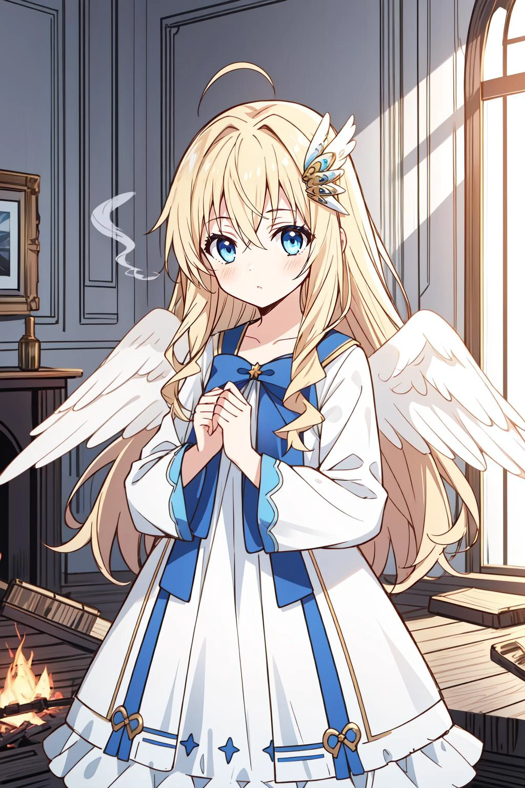 (masterpiece, best quality), intricate details,
1girl, <lora:Kizuki - The Rising of the Shield Hero - Filo:0.8> filo, blonde hair, ahoge, hair ornament, flat chest, bangs, long hair, angel wings, white dress, blue bow ,
indoors, burning room, fire, smoke, debris,