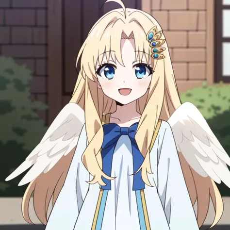 <lora:Kizuki - The Rising of the Shield Hero - Filo:1>, filo, blonde hair, hair ornament, ahoge, flat chest, bangs, long hair, angel wings, white dress, blue bow, (best quality:1.1), (masterpiece:1.4), (absurdres:1.0), looking at viewer, happy,