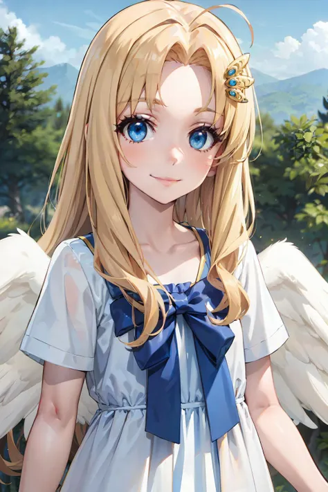 best quality, masterpiece, 1girl, filo, blonde hair, ahoge, hair ornament, flat chest, bangs, long hair, angel wings, white dress, blue bow, looking at viewer, forest, smile, forehead,
<lora:Kizuki - The Rising of the Shield Hero - Filo:0.95>
