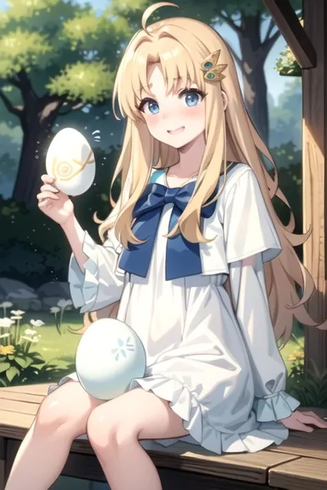 (best quality), (masterpiece), ultra-detailed, sparkling eyes,
forest background,
filo, blonde hair, blonde eyebrows, (blue eyes), angel wings, (ahoge), hair ornament, bangs, long hair, excited smile, blush, (embarrassed look),
(flat chest), ((sitting)), (((holding huge white egg))),
((white dress)), blue bow,
<lora:Kizuki - The Rising of the Shield Hero - Filo:0.95>