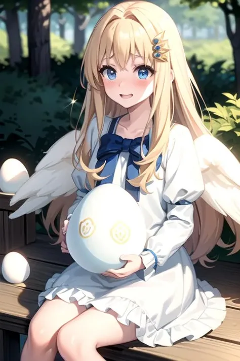 (best quality), (masterpiece), ultra-detailed, sparkling eyes,
forest background,
filo, blonde hair, blonde eyebrows, (blue eyes), angel wings, (ahoge), hair ornament, bangs, long hair, excited smile, blush, (embarrassed look),
(flat chest), ((sitting)), (((holding huge white egg))),
((white dress)), blue bow,
<lora:Kizuki - The Rising of the Shield Hero - Filo:0.95>