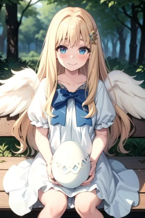(best quality), (masterpiece), ultra-detailed, sparkling eyes,
forest background,
filo, blonde hair, blonde eyebrows, (blue eyes), angel wings, (ahoge), hair ornament, bangs, long hair, excited smile, blush, (embarrassed look),
(flat chest), ((sitting)), (((holding huge white egg))), 
((white dress)), blue bow,
 <lora:Kizuki - The Rising of the Shield Hero - Filo:0.95>