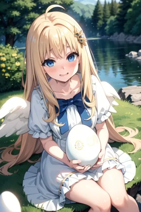 (best quality), (masterpiece), ultra-detailed, sparkling eyes,
forest background,
filo, blonde hair, blonde eyebrows, (blue eyes), angel wings, (ahoge), hair ornament, bangs, long hair, excited smile, blush, (embarrassed look),
(flat chest), ((sitting)), (((holding huge white egg))),
((white dress)), blue bow,
<lora:Kizuki - The Rising of the Shield Hero - Filo:0.95>
