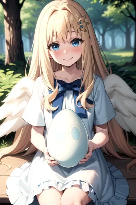 (best quality), (masterpiece), ultra-detailed, sparkling eyes,
forest background,
filo, blonde hair, blonde eyebrows, (blue eyes), angel wings, (ahoge), hair ornament, bangs, long hair, excited smile, blush, (embarrassed look),
(flat chest), ((sitting)), (((holding huge white egg))), 
((white dress)), blue bow,
 <lora:Kizuki - The Rising of the Shield Hero - Filo:0.95>