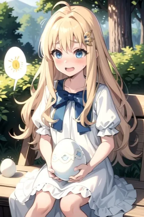 (best quality), (masterpiece), ultra-detailed, sparkling eyes,
forest background,
filo, blonde hair, blonde eyebrows, (blue eyes), angel wings, (ahoge), hair ornament, bangs, long hair, excited smile, blush, (embarrassed look),
(flat chest), ((sitting)), (((holding huge white egg))),
((white dress)), blue bow,
<lora:Kizuki - The Rising of the Shield Hero - Filo:0.95>