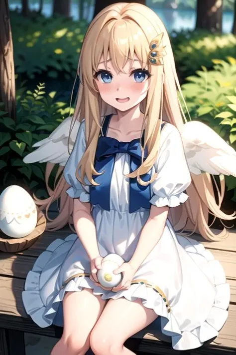 (best quality), (masterpiece), ultra-detailed, sparkling eyes,
forest background,
filo, blonde hair, blonde eyebrows, (blue eyes), angel wings, (ahoge), hair ornament, bangs, long hair, excited smile, blush, (embarrassed look),
(flat chest), ((sitting)), (((holding huge white egg))), 
((white dress)), blue bow,
 <lora:Kizuki - The Rising of the Shield Hero - Filo:0.95>