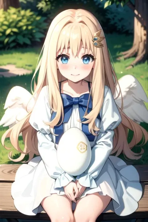 (best quality), (masterpiece), ultra-detailed, sparkling eyes,
forest background,
filo, blonde hair, blonde eyebrows, (blue eyes), angel wings, (ahoge), hair ornament, bangs, long hair, excited smile, blush, (embarrassed look),
(flat chest), ((sitting)), (((holding huge white egg))),
((white dress)), blue bow,
<lora:Kizuki - The Rising of the Shield Hero - Filo:0.95>