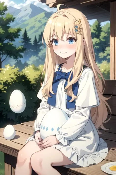 (best quality), (masterpiece), ultra-detailed, sparkling eyes,
forest background,
filo, blonde hair, blonde eyebrows, (blue eyes), angel wings, (ahoge), hair ornament, bangs, long hair, excited smile, blush, (embarrassed look),
(flat chest), ((sitting)), (((holding huge white egg))),
((white dress)), blue bow,
<lora:Kizuki - The Rising of the Shield Hero - Filo:0.95>
