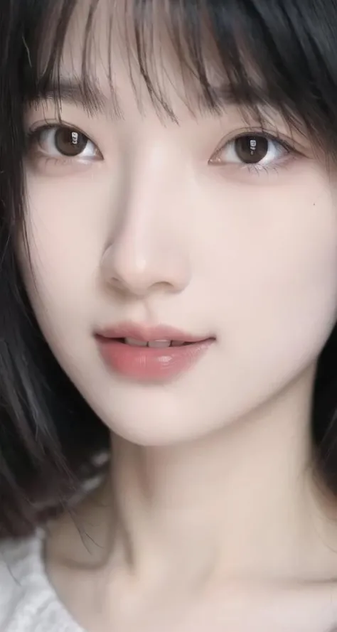 masterpiece,best quality,1girl,white background,black hair,face front,emotional face,close up,studio light,studio,side light,makeup portrait,face in center,medium breasts,white skin,shiny skin,model,smile,<lora:guoguo_v1:0.7>,