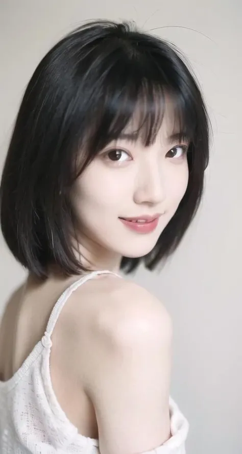 ((Highest quality、masterpiece、High resolution))、(((Zoom photo of upper body、Black Hair)))、(A shy smile:1.2)、One Woman、Beautiful Skin、Beautiful Eyes, Black Dress、Shorn bangs、short hair