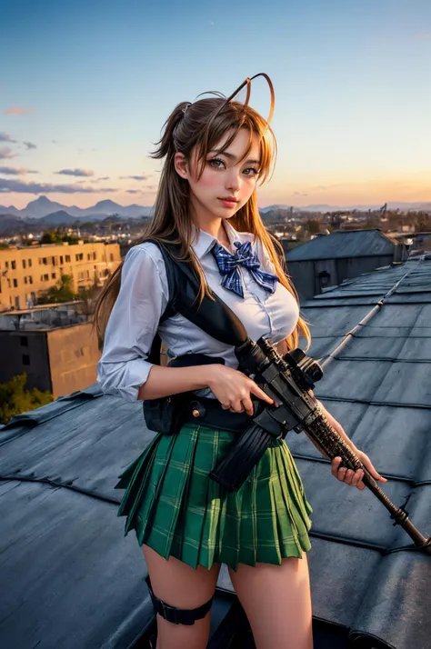 miyamoto rei, long hair, breasts, brown hair, antenna hair, brown eyes, schoolgirl, school uniform, dark blue bow, white shirt, green plaid skirt, pleated skirt, AR-15 rifle, rifle with bayonet and
optical scope, (assault rifle:1.2), tactical belts, tactical offload, kneepads, green plaid skirt, on the roof of a building, posing with a rifle, windy weather, master shot, cinematic, detailed character design, digital art, Resolution: 4k, best quality, masterpiece, high resolution, <lora:AddDetail:0.6>, <lora:miyamoto_rei_v1.5:0.8>