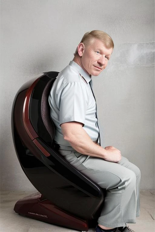 Bob Backlund sitting, massage_chair\(mix\), <lora:massageChairProduct_v10:1>, thematic background