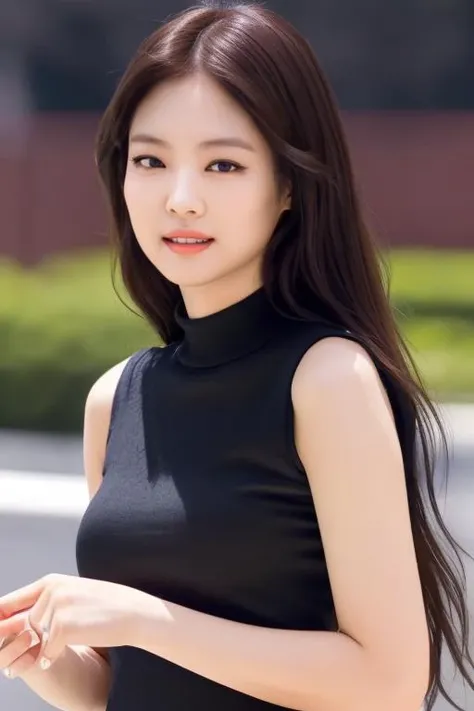 <lora:blackpinkJennyV1:1>,Jenny,korean, woman,complex 3d render ultra detailed, smile, portrait of beautiful woman, moody portrait, striking features, beauty, intricate details, dramatic composition, tension, contrast, texture, realism, high-quality rendering, stunning art, high quality, film grain, Fujifilm XT3,swirly bokeh,(realistic, photo-realistic:1.2),RAW photo,physically-based rendering,(looking at viewer:1.4),(8k, best quality, masterpiece:1.2),(full body shot:1.1),octane render,extremely detailed CG, unity 8k wallpaper,in street,urban,city,(studio soft light,sunlight:1.2),(standing:1.1),(a girl is wearing sleeveless:1.5),hyper realistic detail shiny skin,ultra detailed,(ultra realistic:1.2),(intricate:1.2),(photorealistic:1.2),1girl,(skinny:1.3),detailed background ,(large breasts:1.1) ,