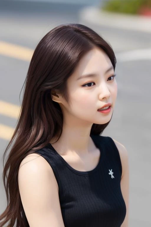<lora:blackpinkJennyV1:1>,Jenny,korean, woman,complex 3d render ultra detailed, smile, portrait of beautiful woman, moody portrait, striking features, beauty, intricate details, dramatic composition, tension, contrast, texture, realism, high-quality rendering, stunning art, high quality, film grain, Fujifilm XT3,swirly bokeh,(realistic, photo-realistic:1.2),RAW photo,physically-based rendering,(looking at viewer:1.4),(8k, best quality, masterpiece:1.2),(full body shot:1.1),octane render,extremely detailed CG, unity 8k wallpaper,in street,urban,city,(studio soft light,sunlight:1.2),(standing:1.1),(a girl is wearing sleeveless:1.5),hyper realistic detail shiny skin,ultra detailed,(ultra realistic:1.2),(intricate:1.2),(photorealistic:1.2),1girl,(skinny:1.3),detailed background ,(large breasts:1.1) ,