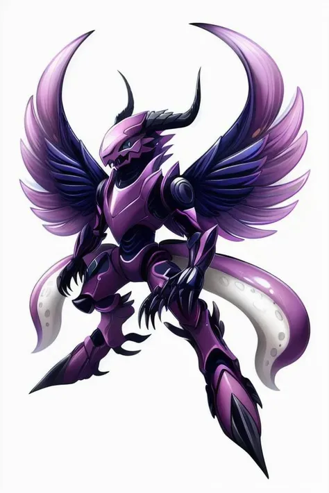 Solo, symmetry, Digimon, digimon \(species\), x-digimon, outline, white background, <lora:DigimonLoraV1:1> (Large Roaming Mycelium Moody Cephalopod, Hoofed, Single-Tailed Forked-Tailed, Exoskeleton, Phoenix Wings, Branched Horns Narrow Jaw Pastel)