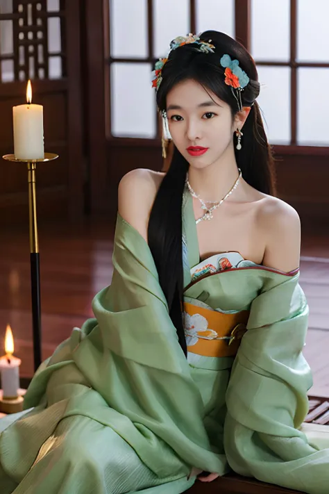 hands_, realistic, 1girl, solo, candle, hair ornament, realistic, jewelry, long hair, flower, hair flower, black hair, necklace, looking at viewer, indoors, chinese clothes, sash, earrings, kimono, black eyes, blurry, sitting,off-the-shoulder cinematic_lighting,<lora:lora-hanfugirl-v1-5:0.8>