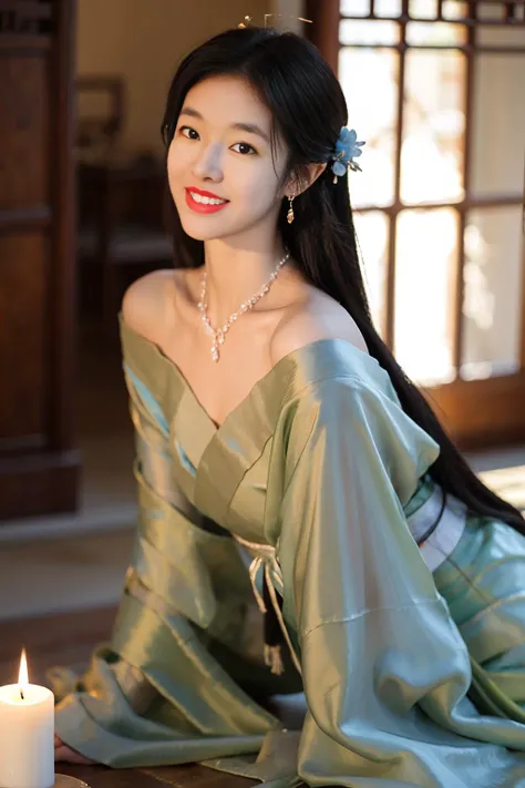 hands, realistic, 1girl, solo, candle, hair ornament, realistic, jewelry, long hair, flower, hair flower, black hair, gold necklace, looking at viewer, indoors, chinese clothes, sash, earrings, kimono, black eyes, blurry, sitting, off-the-shoulder cinematic_lighting, <lora:lora-hanfugirl-v1-5:0.85>,smiling
